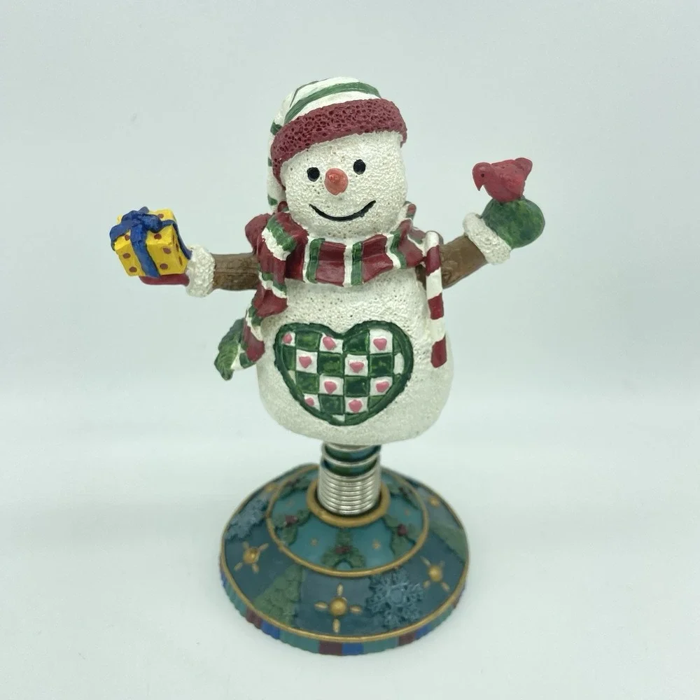 Christmas Snowman On Spring Pedestal Figurine Rustic Farmhouse Whimsical Vintage